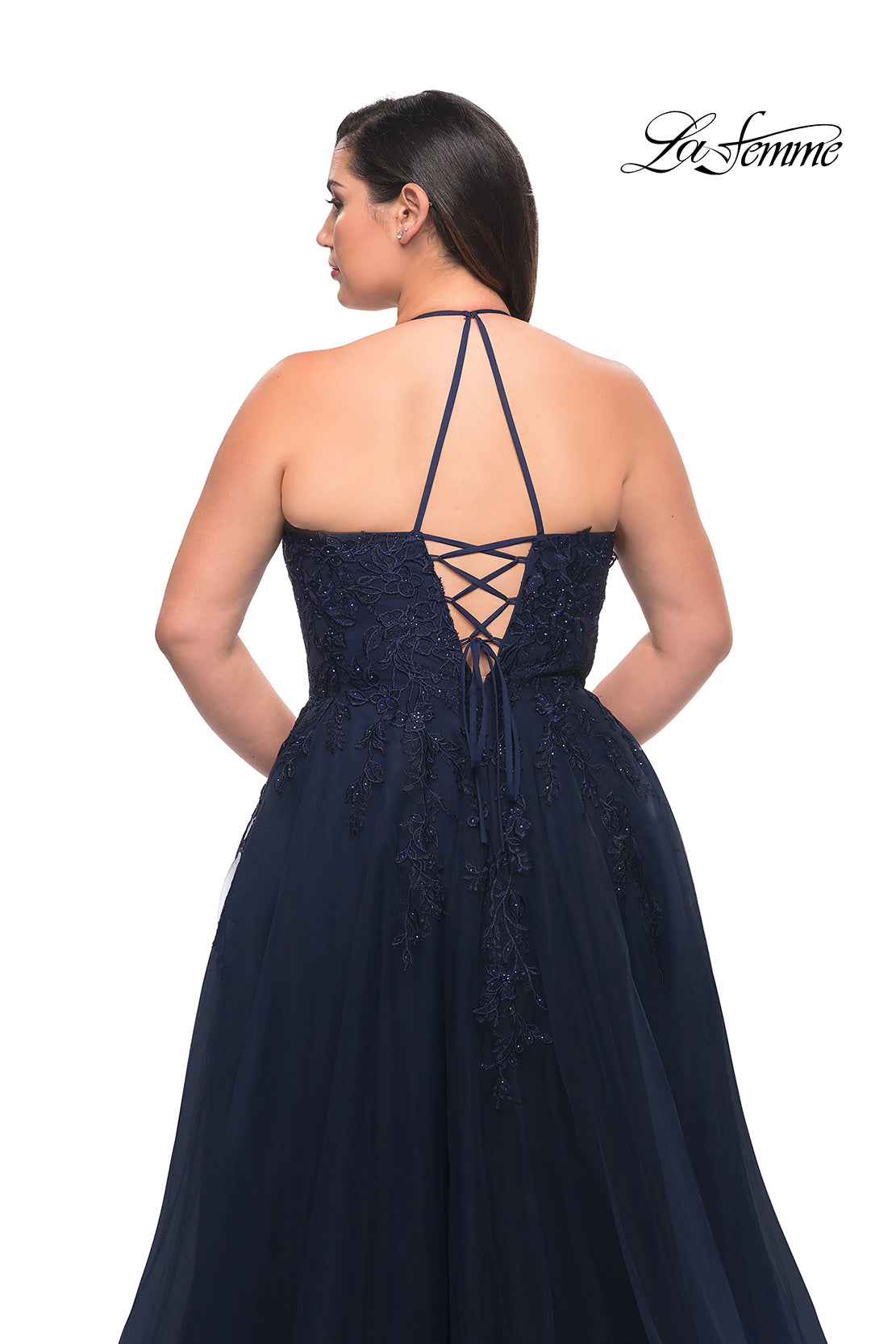 Picture of: Tulle Gown with Lace Bodice and High Neckline in Navy, Style: 29071, Detail Picture 7