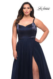 Picture of: Long Plus Size Gown with Tulle Skirt and Satin Top in Navy, Style: 29072, Detail Picture 7