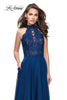 Picture of: Long A Line Chiffon Dress with Lace Up Neckline in Navy, Style: 25347, Main Picture