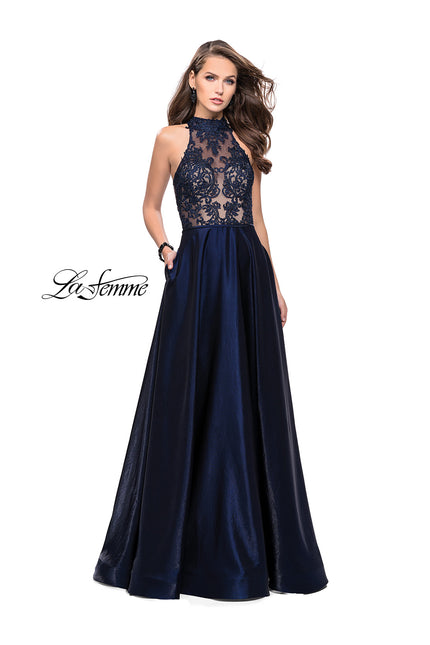 Picture of: Long Prom Dress with Satin A-line Skirt and Beading in Navy, Style: 25617, Main Picture