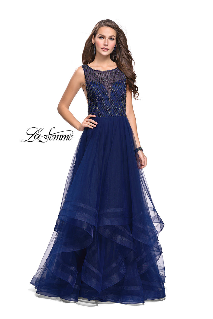 Picture of: Ball Gown with Ruffle Tulle Skirt and Beading in Navy, Style: 25620, Main Picture