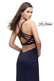 Picture of: Long Jersey Prom Dress with Beaded Strappy Open Back in Navy, Style: 25669, Main Picture