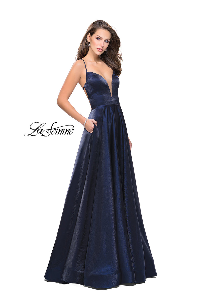 Picture of: Satin A-line Gown with Deep V Sweetheart Neckline in Navy, Style: 25670, Main Picture