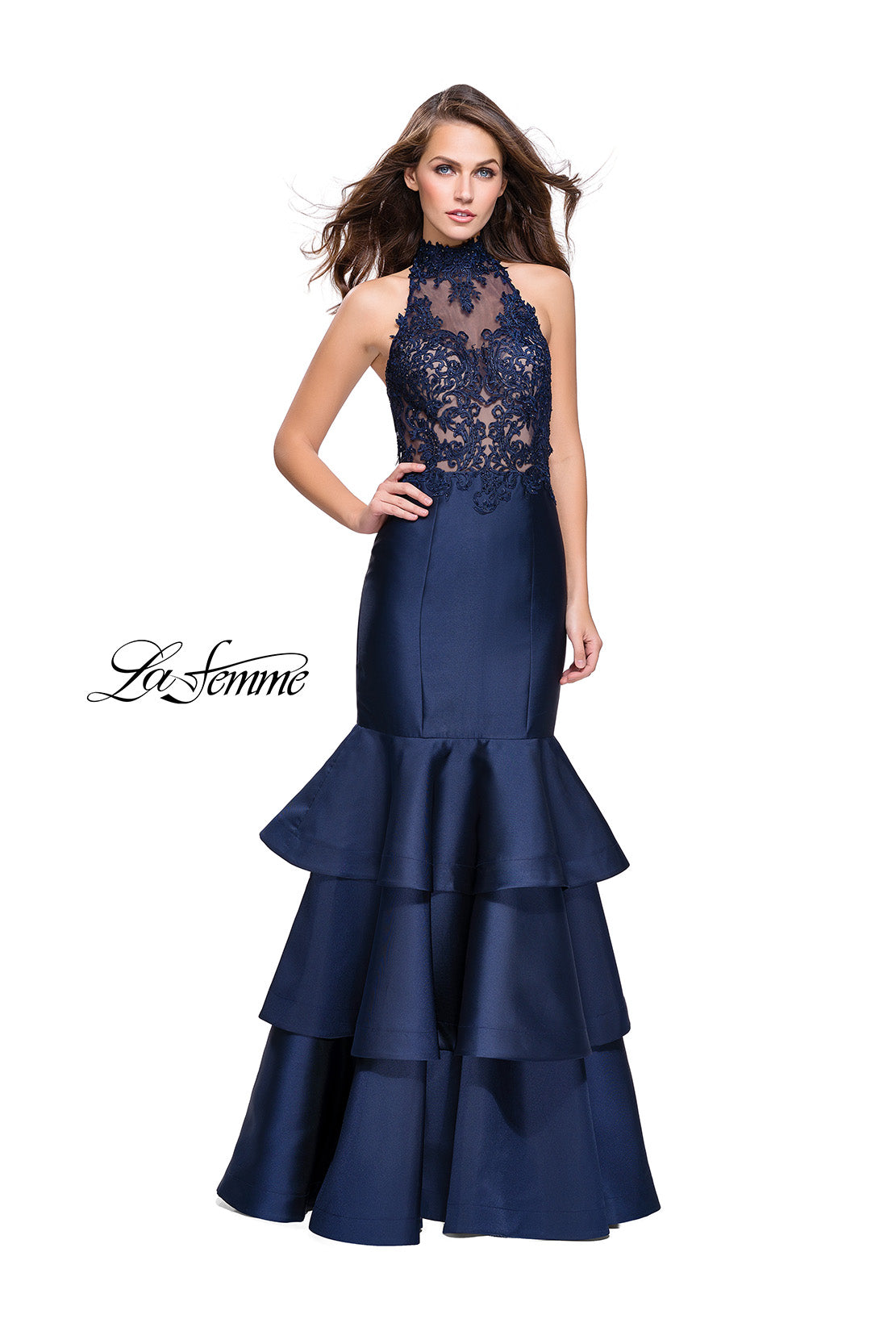 Picture of: Long Mikado Prom Dress with Ruffle Mermaid Skirt in Navy, Style: 25707, Main Picture