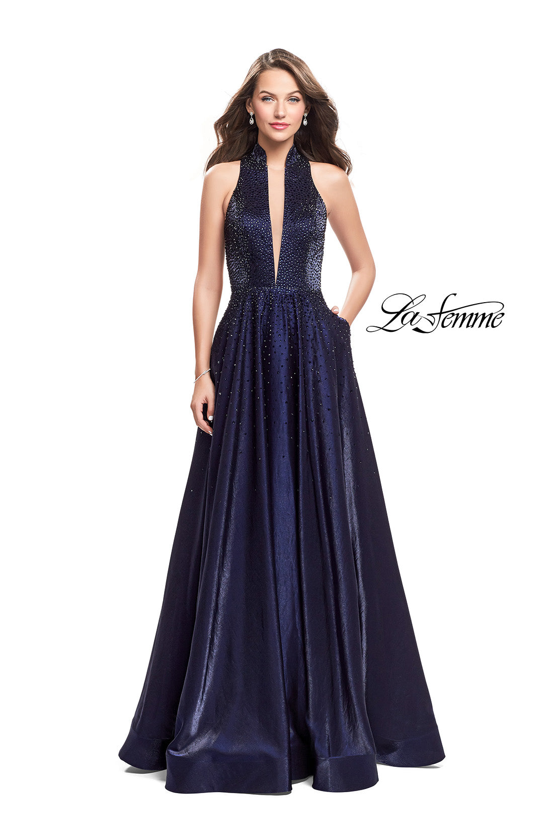 Picture of: Satin Ball Gown with Tonal Beading and Back Cutout, in Navy Style: 25986, Main Picture