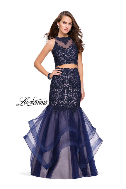 Picture of: Two Piece Lace Prom Dress with Tulle Skirt in Navy, Style: 26071, Main Picture