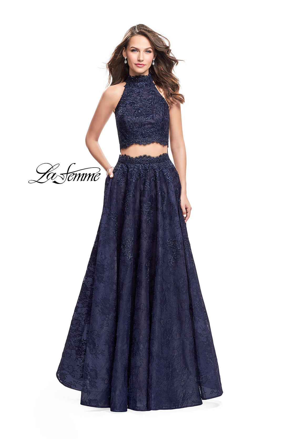 Picture of: Long Lace A-line Two Piece Prom Dress with Cut Outs in Navy, Style: 26103, Main Picture