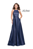 Picture of: Long A-line Beaded Mikado Prom Dress with Pockets in Navy, Style: 26162, Main Picture
