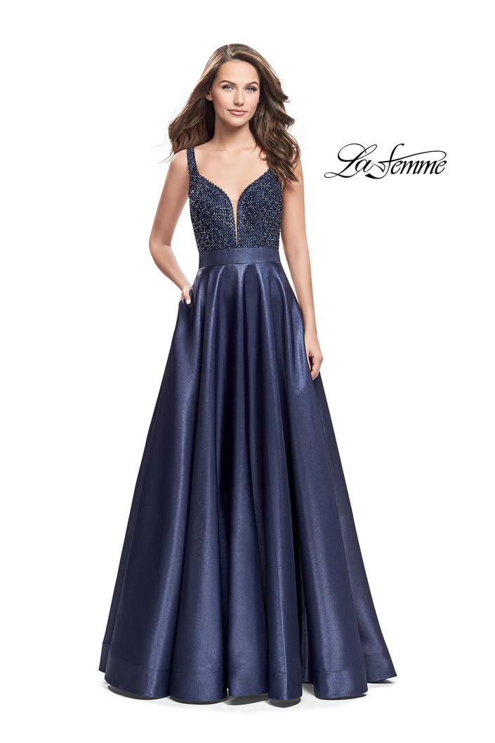 Picture of: Long Mikado Prom Dress with Beaded Bodice in Navy, Style: 26203, Main Picture