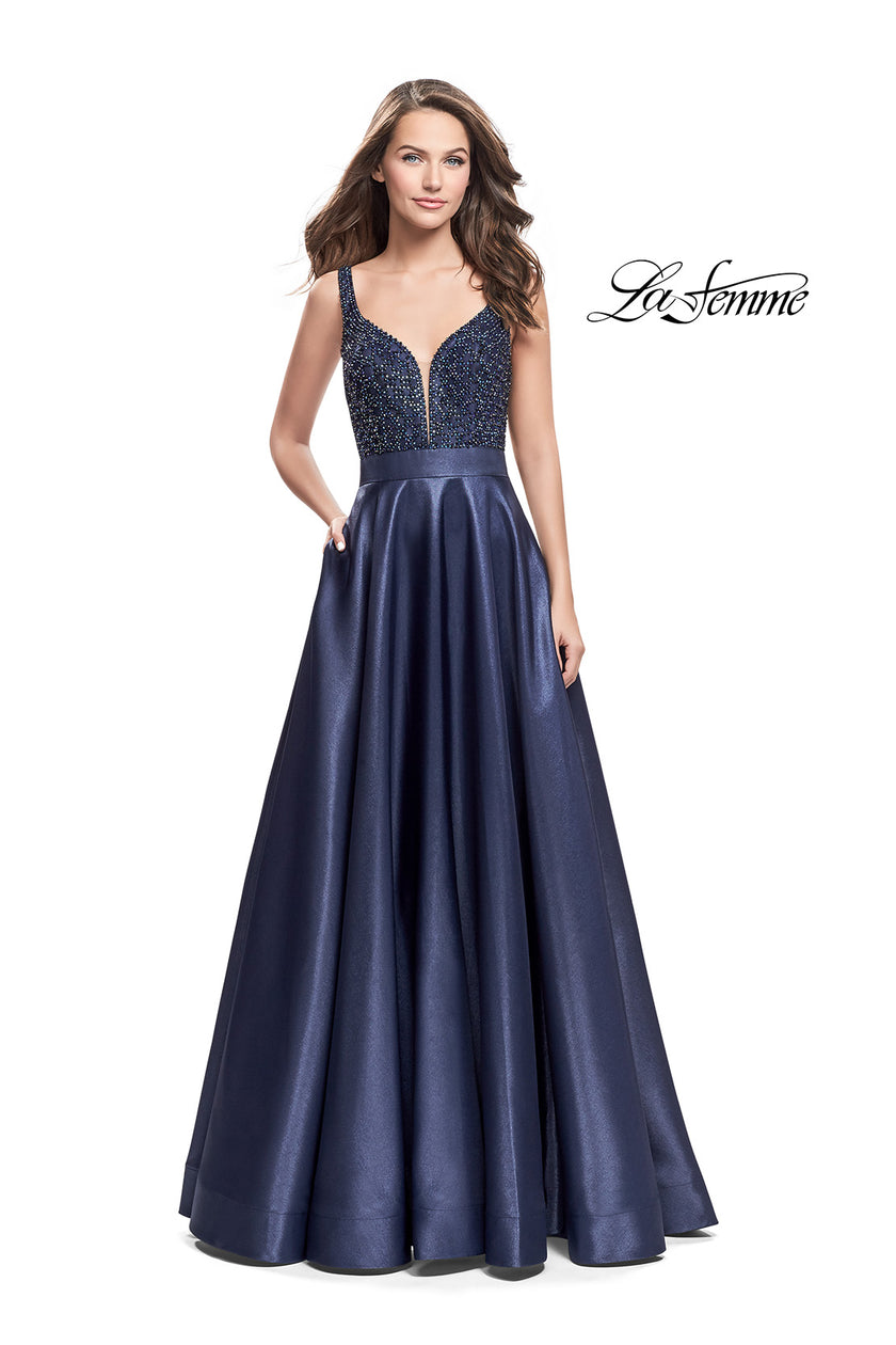 Picture of: Long Mikado Prom Dress with Beaded Bodice in Navy, Style: 26203, Main Picture