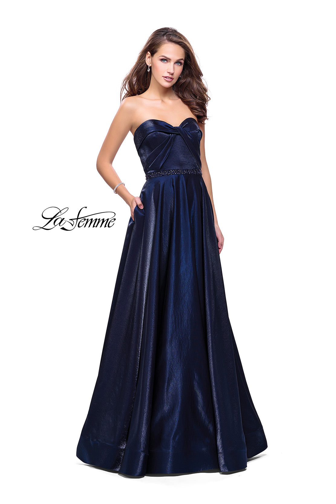Picture of: Long Strapless Satin A-line Prom Dress with Pockets in Navy, Style: 26340, Main Picture