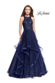 Picture of: Ball Gown with Tulle Skirt, High Neck, Beads, and Lace in Navy, Style: 26386, Main Picture