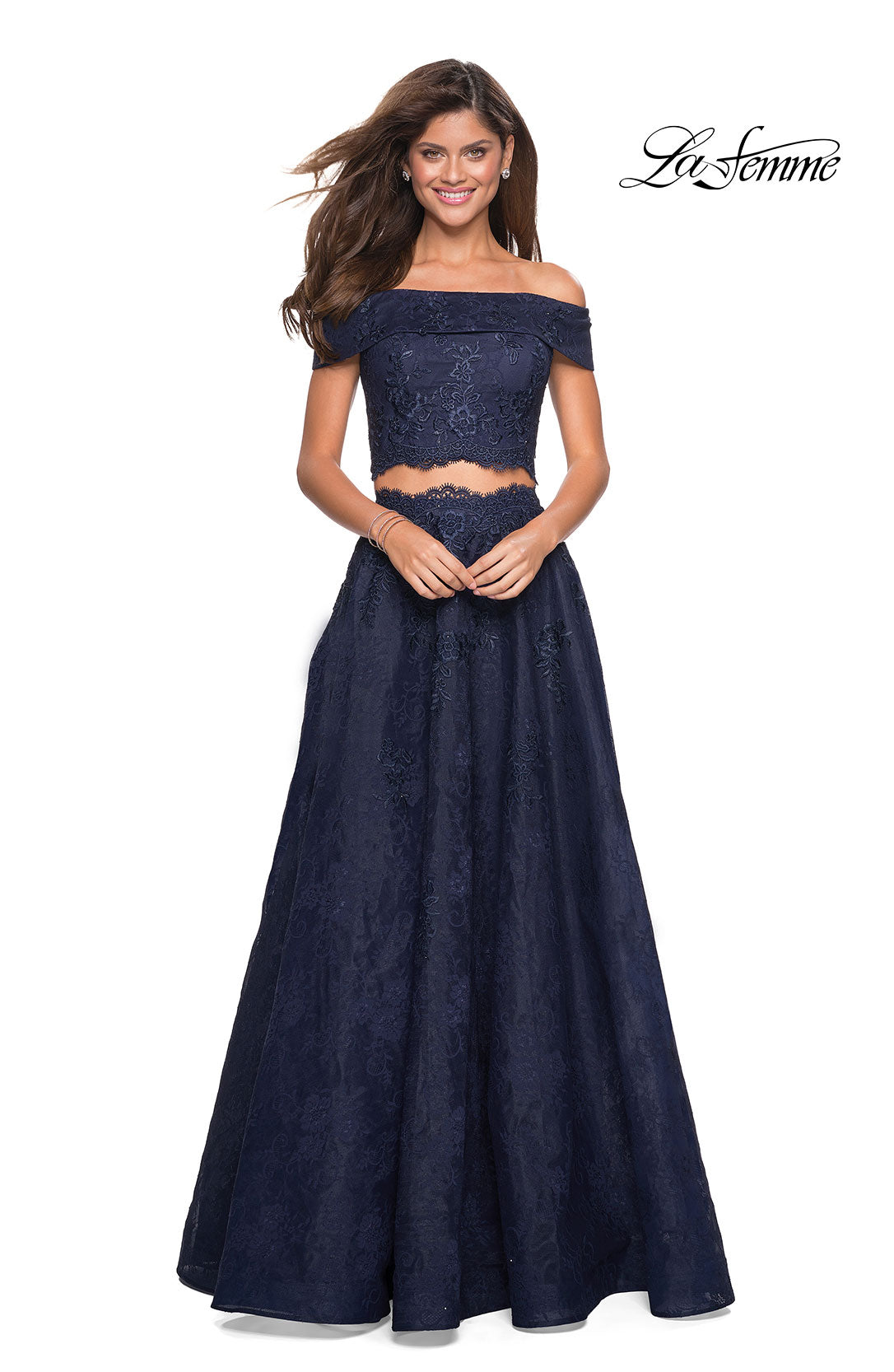 Picture of: Two Piece Off the Shoulder Lace Prom Dress in Navy, Style: 27028, Main Picture