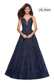 Picture of: Lace Detail Long A Line Prom Dress with Open Back in Navy, Style: 27030, Main Picture