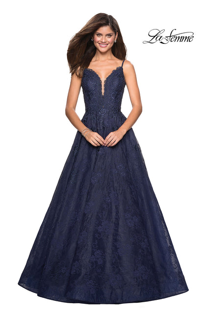 Picture of: Lace Detail Long A Line Prom Dress with Open Back in Navy, Style: 27030, Main Picture