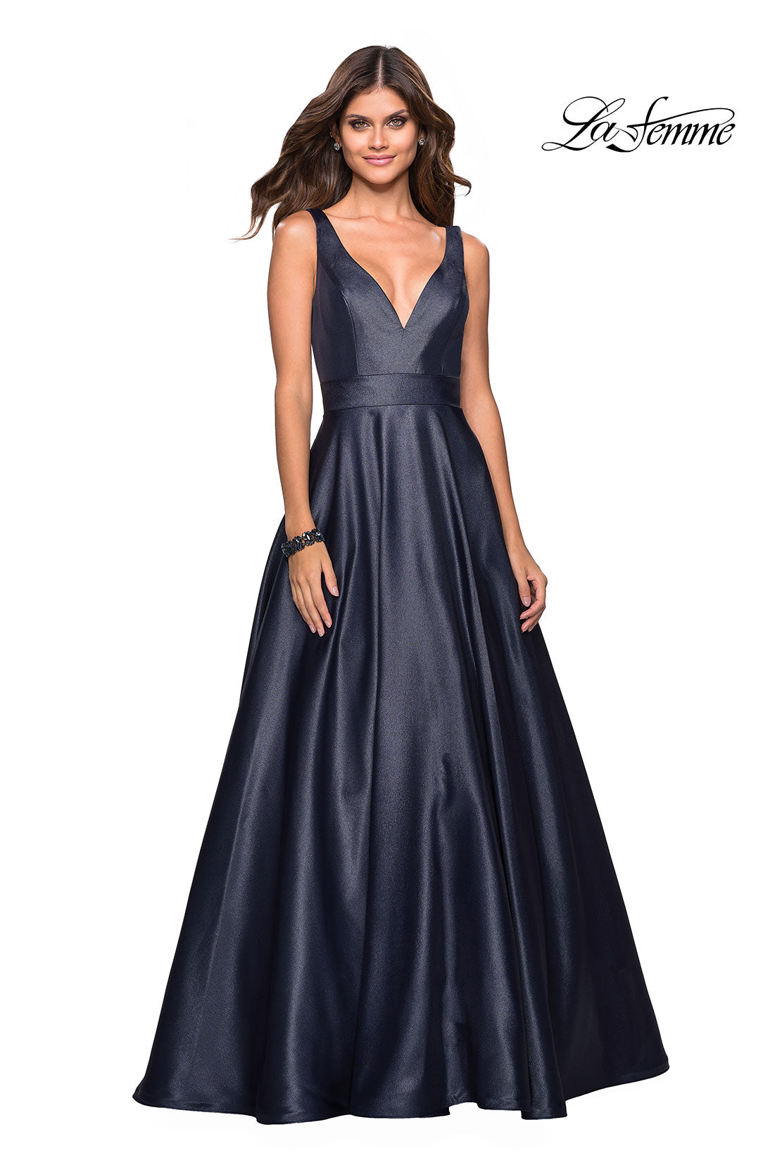 Picture of: Long Mikado Ball Gown with V Front and Back in Navy, Style: 27202, Main Picture