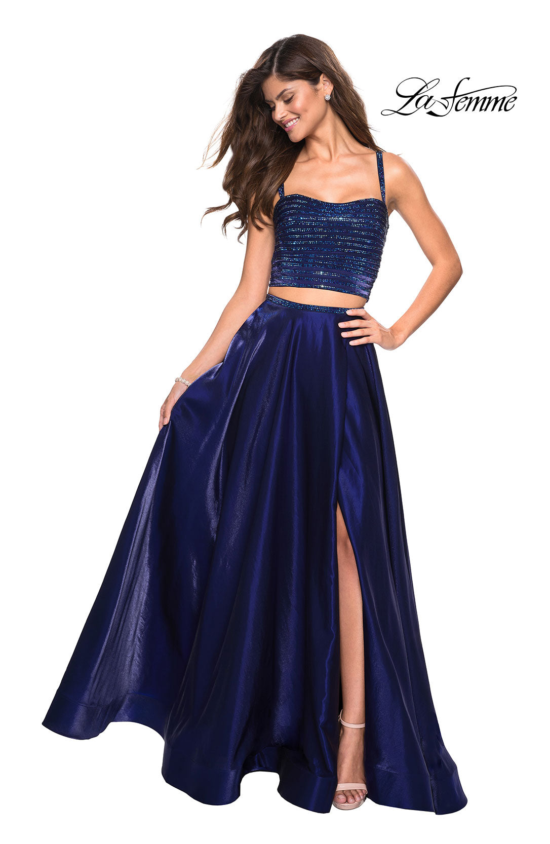 Picture of: Two PIece Satin Prom Dress with Rhinestone Top in Navy, Style: 27607, Main Picture