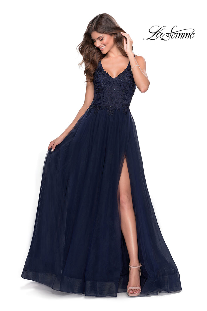 Picture of: Pretty A-line Prom Dress with Sheer Floral Bodice in Navy, Style: 28680, Main Picture
