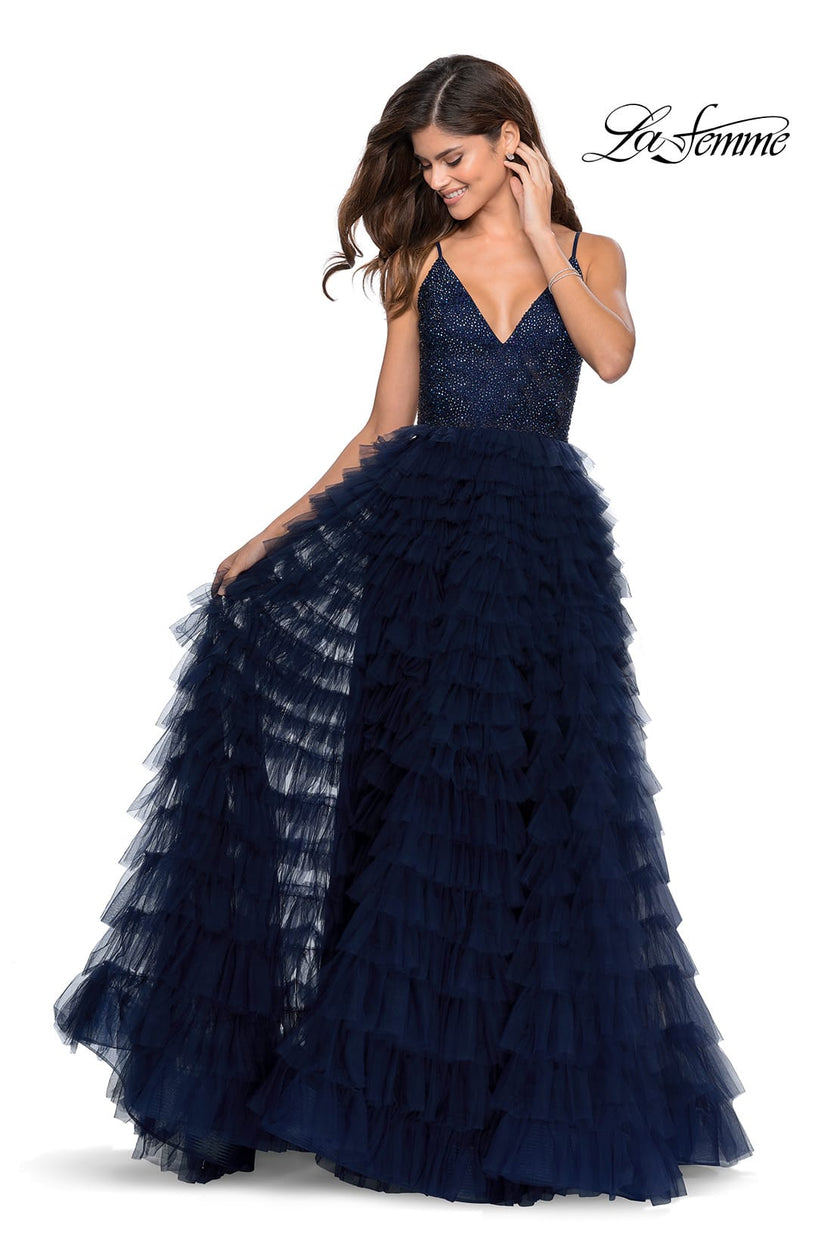 Picture of: Layered Tulle Prom Dress with Sheer Rhinestone Top in Navy, Style: 28788, Main Picture