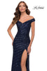 Picture of: Off the Shoulder Sequin Long Dress with Skirt Slit in Navy, Style 29653, Main Picture