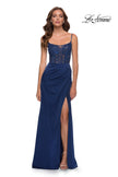 Picture of: Satin Dress with Sheer Lace Bodice and Slit in Navy, Style 29888, Main Picture