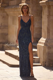 Picture of: Beautifully Beaded Long Evening Dress with V Neckline in Navy , Style 32928, Main Picture