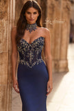 Picture of: High Neck Embellished Jersey Gown with Sheer Corset Bodice in Navy, Style: 33854, Main Picture