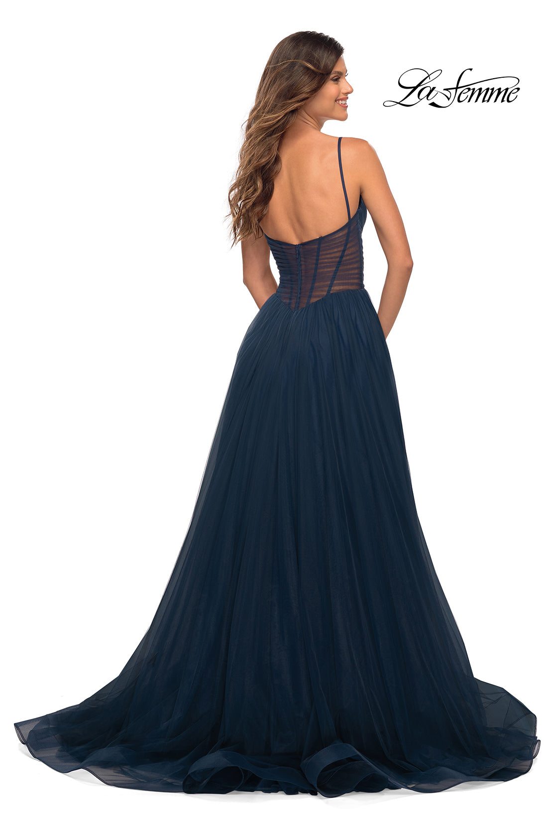 Picture of: Tulle A-line Prom Dress with Corset Sheer Bodice in Navy, Detail Picture 8