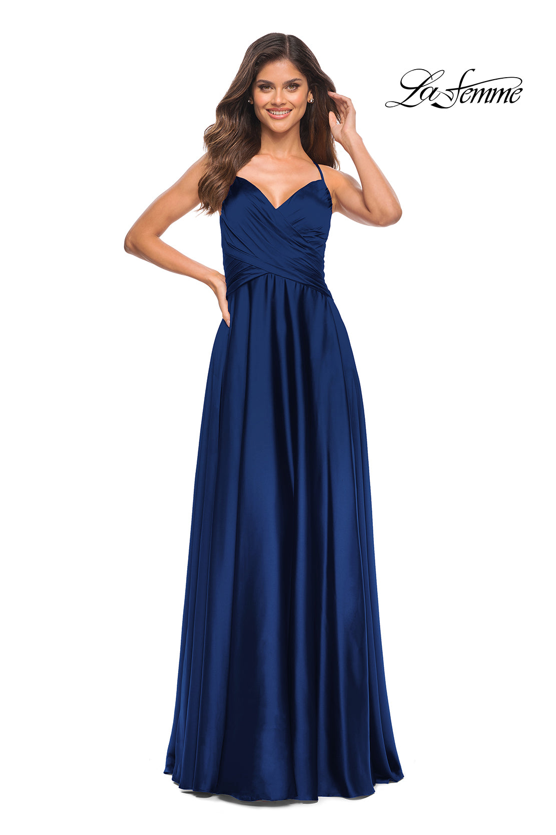 Picture of: Satin Jewel Tone Gown with Criss-Cross Ruched Top in Navy, Style: 30512, Detail Picture 8