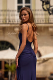 Picture of: Lace Bodice Fitted Gown with Slit and Open Back in Navy, Style: 33395, Detail Picture 8
