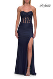 Picture of: Strapless Lace Applique Corset Gown with High Slit in Navy, Style: 33399, Detail Picture 8