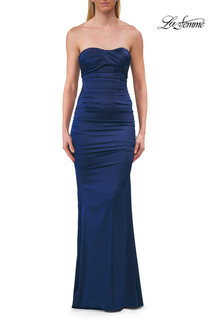 Picture of: Strapless Satin Gown with Ruching and Lace-Up Back in Navy, Style: 33654, Detail Picture 8