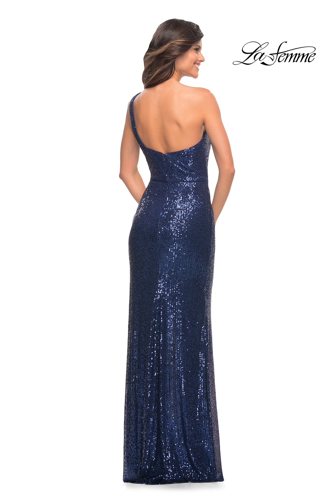 Picture of: Long Sequin One Shoulder Ruched Prom Dress in Navy, Style: 28401, Detail Picture 9