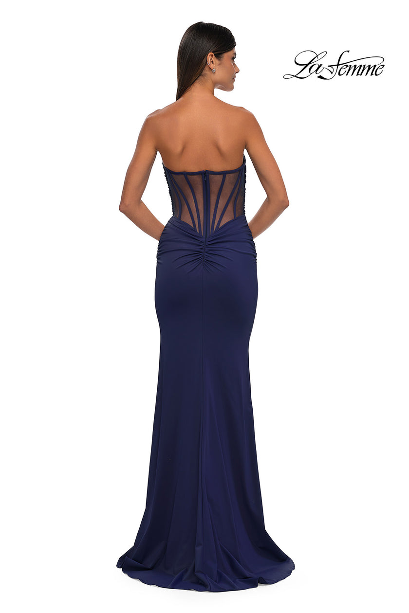 Picture of: Intricately Ruched Strapless Prom Dress with Unique Deep V in Navy, Style: 32923, Detail Picture 9