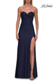 Picture of: Strapless Jersey Corset Gown with High Slit and Ruched Detail in Navy, Style: 33396, Detail Picture 9