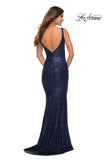 Picture of: Long Stretch Sequin Gown with Low Back in Navy, Detail Picture 10