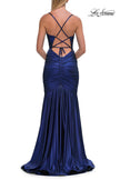 Picture of: Metallic Jersey Mermaid Gown with Draped Cowl Neckline and Lace-Up Back in Navy, Style: 33412, Detail Picture 10