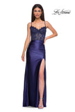Picture of: Ruched Satin Evening Dress with Sheer Lace Top and Scallop Neckline in Navy , Style 32689, Detail Picture 11