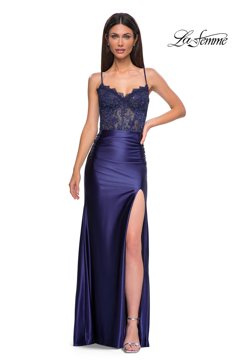 Picture of: Ruched Satin Evening Dress with Sheer Lace Top and Scallop Neckline in Navy , Style 32689, Detail Picture 11