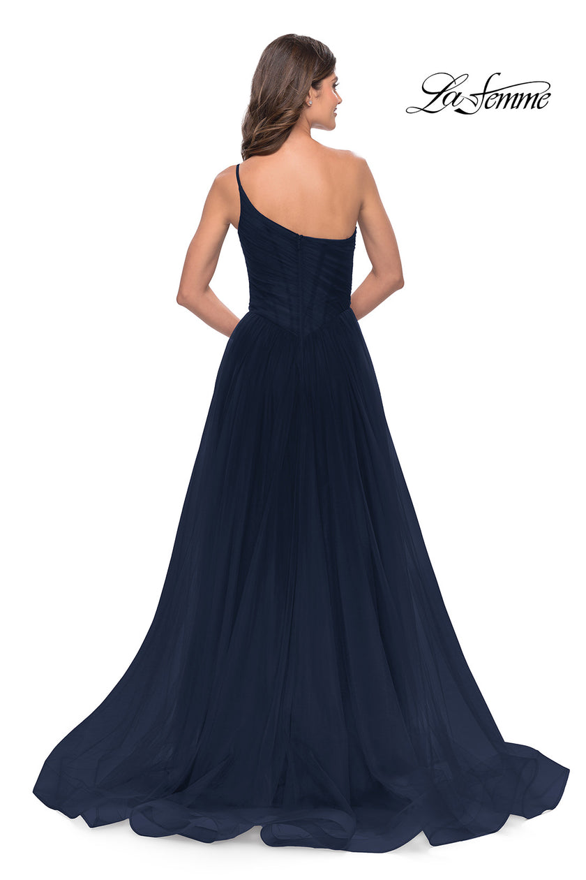 Picture of: One Shoulder A-Line Tulle Gown with Sheer Bodice in Navy, Style: 31069, Detail Picture 12
