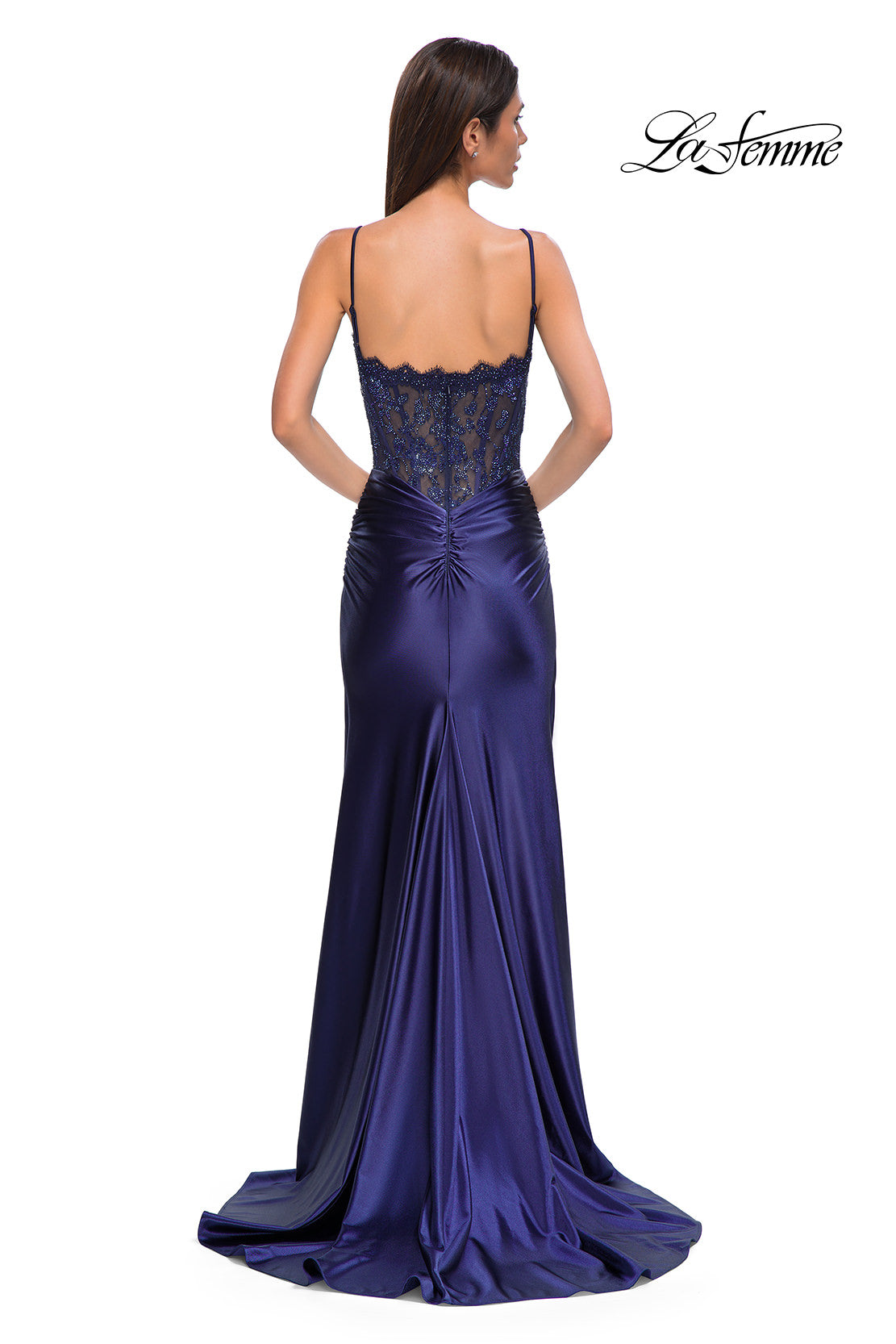 Picture of: Ruched Satin Evening Dress with Sheer Lace Top and Scallop Neckline in Navy , Style 32689, Detail Picture 12