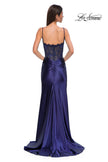 Picture of: Ruched Satin Evening Dress with Sheer Lace Top and Scallop Neckline in Navy , Style 32689, Detail Picture 12