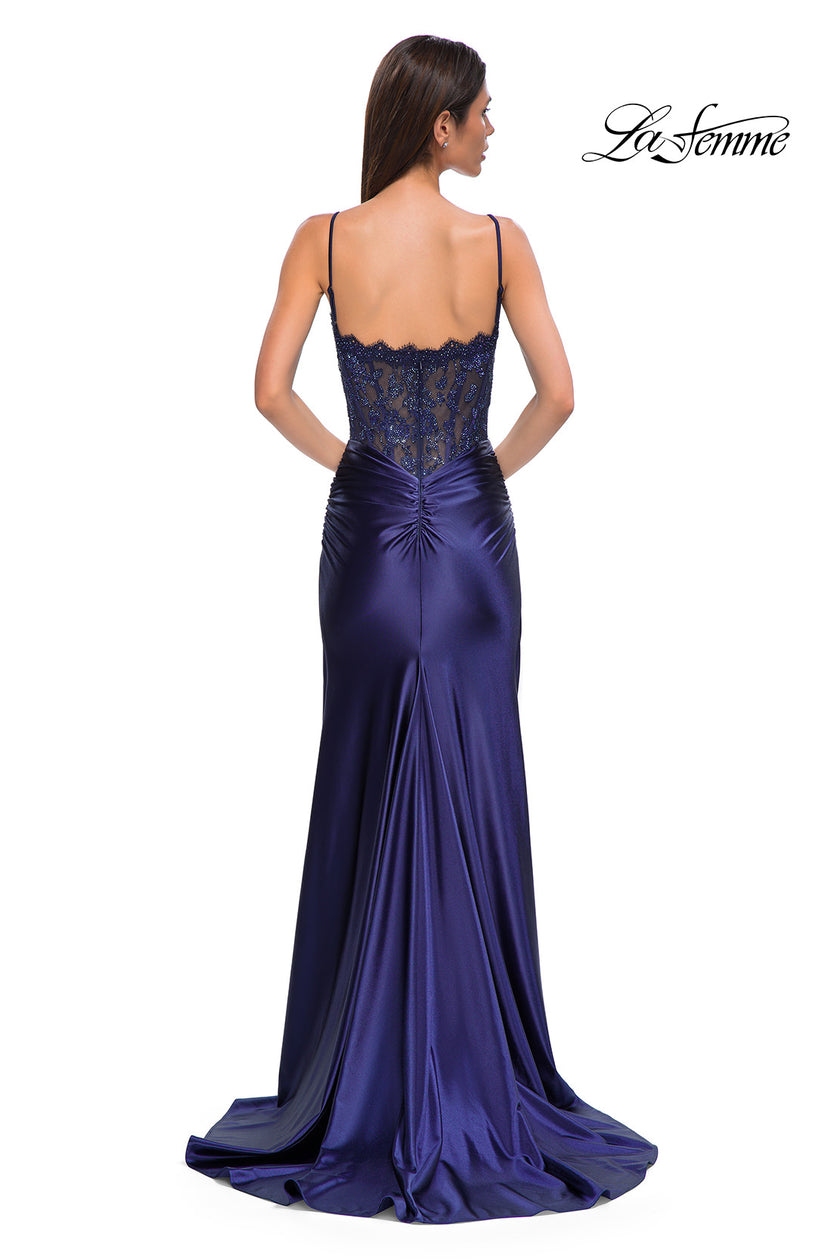 Picture of: Ruched Satin Evening Dress with Sheer Lace Top and Scallop Neckline in Navy , Style 32689, Detail Picture 12