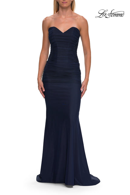 Picture of: Strapless Mesh Evening Gown with Ruching and Sheer Beaded Back in Navy, Style: 33431, Detail Picture 17