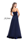 Picture of: Long Strapless Prom Dress with Velvet Bodice Detail in Navy, Style: 25408, Back Picture