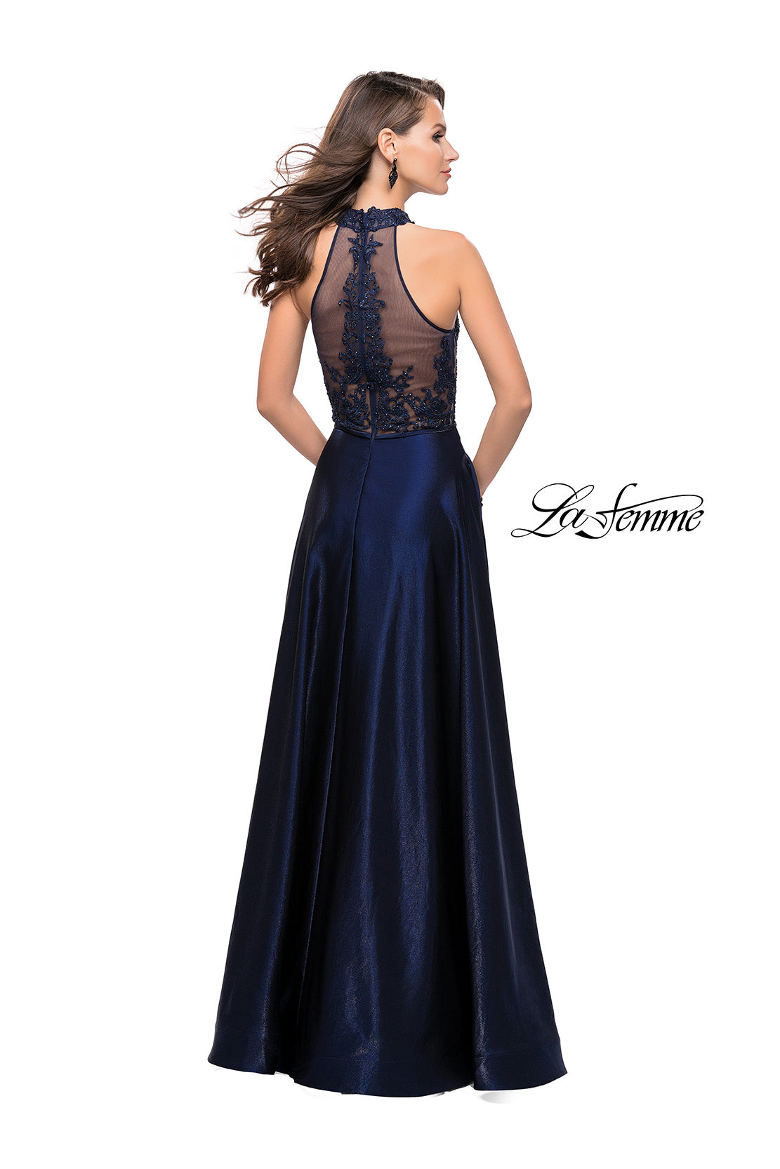 Picture of: Long Prom Dress with Satin A-line Skirt and Beading in Navy, Style: 25617, Back Picture