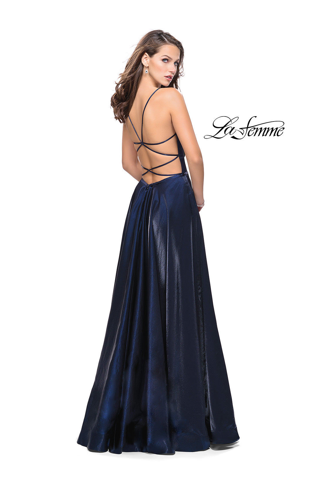 Picture of: Satin A-line Gown with Deep V Sweetheart Neckline in Navy, Style: 25670, Back Picture