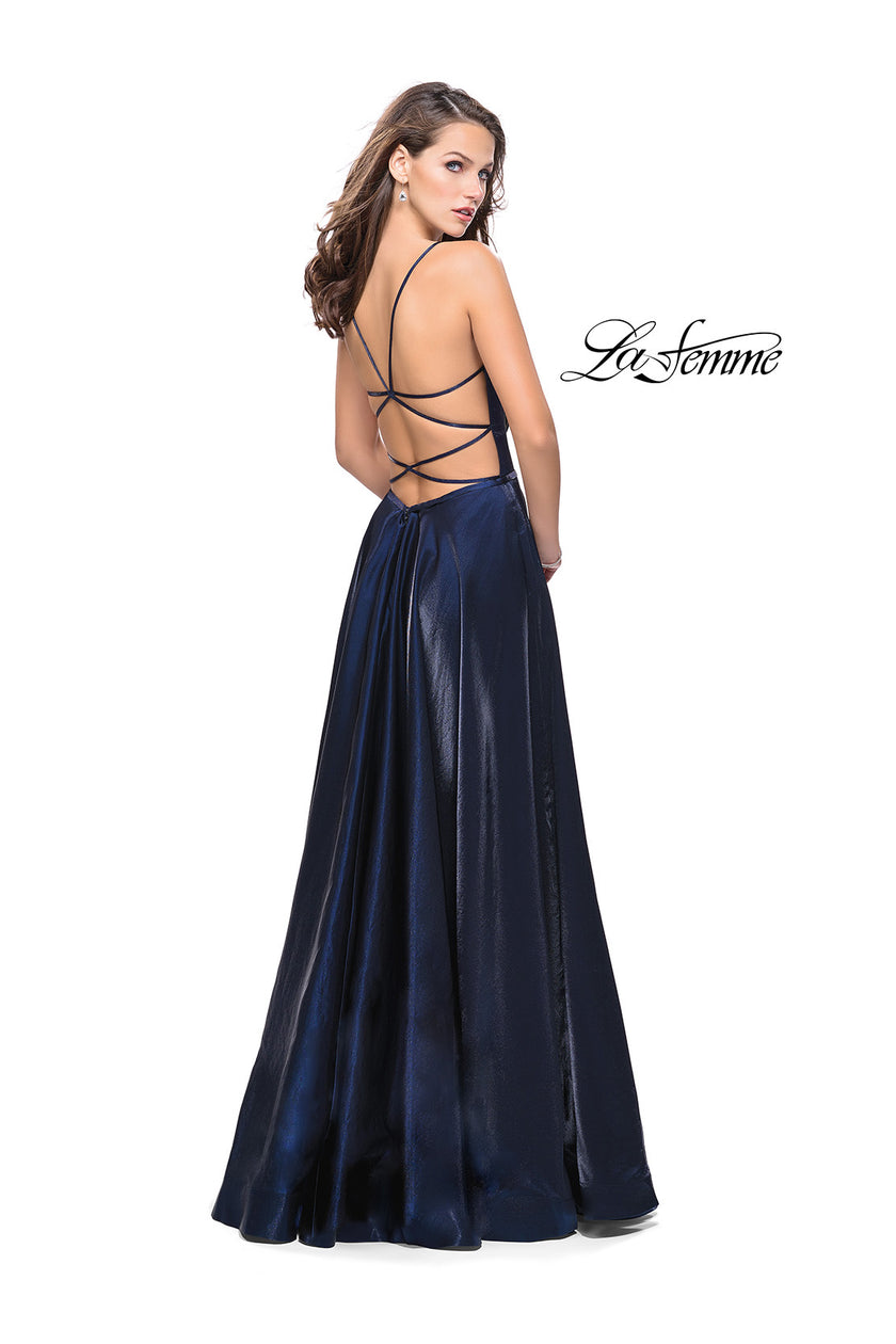 Picture of: Satin A-line Gown with Deep V Sweetheart Neckline in Navy, Style: 25670, Back Picture
