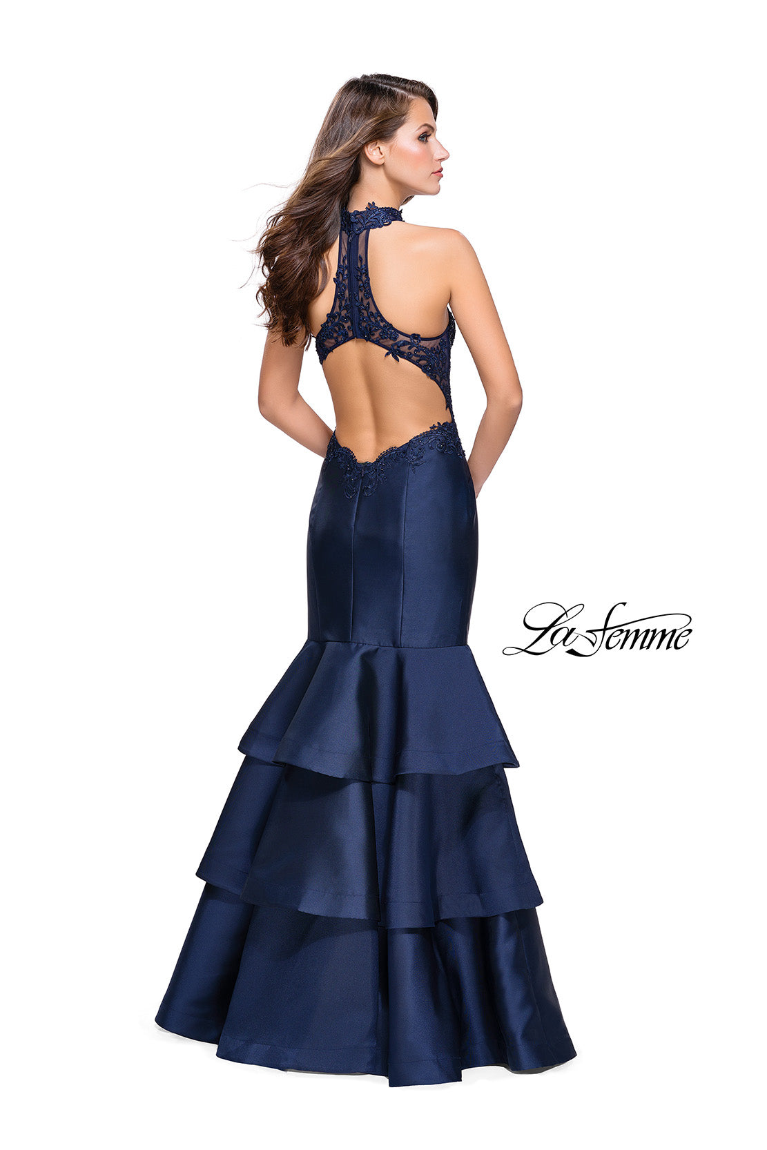 Picture of: Long Mikado Prom Dress with Ruffle Mermaid Skirt in Navy, Style: 25707, Back Picture