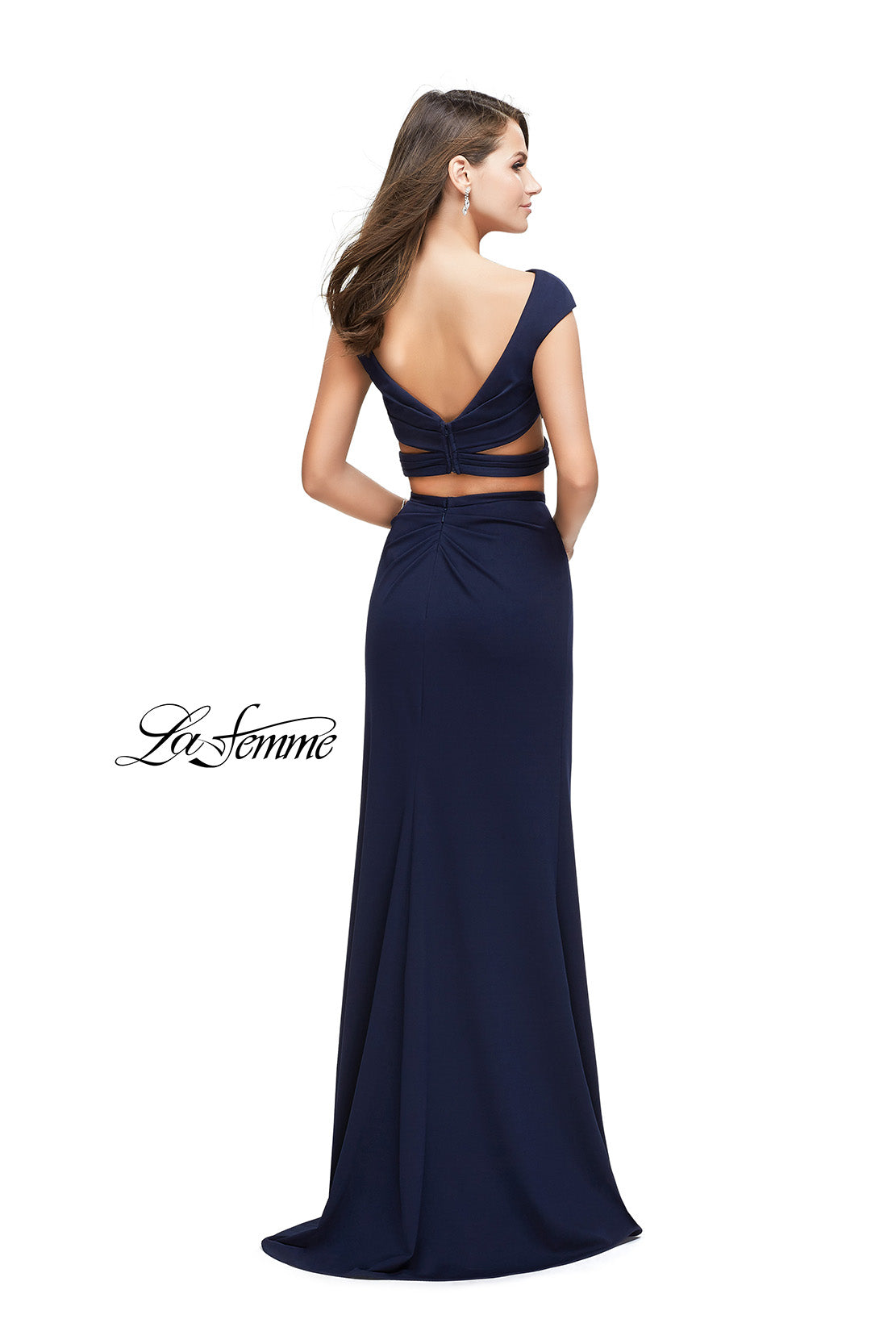 Picture of: Two Piece Wrap Jersey Prom Dress with Short Sleeves in Navy, Style: 25815, Back Picture
